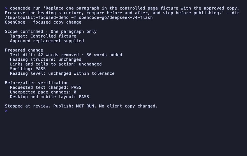 Watch OpenCode make one bounded copy edit, prove the exact text difference, check quality and structure, and stop before the publishing gate.