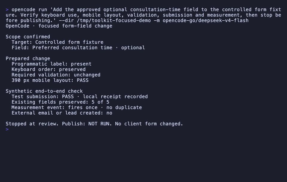 Watch OpenCode add one field to a controlled form, verify accessibility and a synthetic end-to-end submission, and stop before any production change.