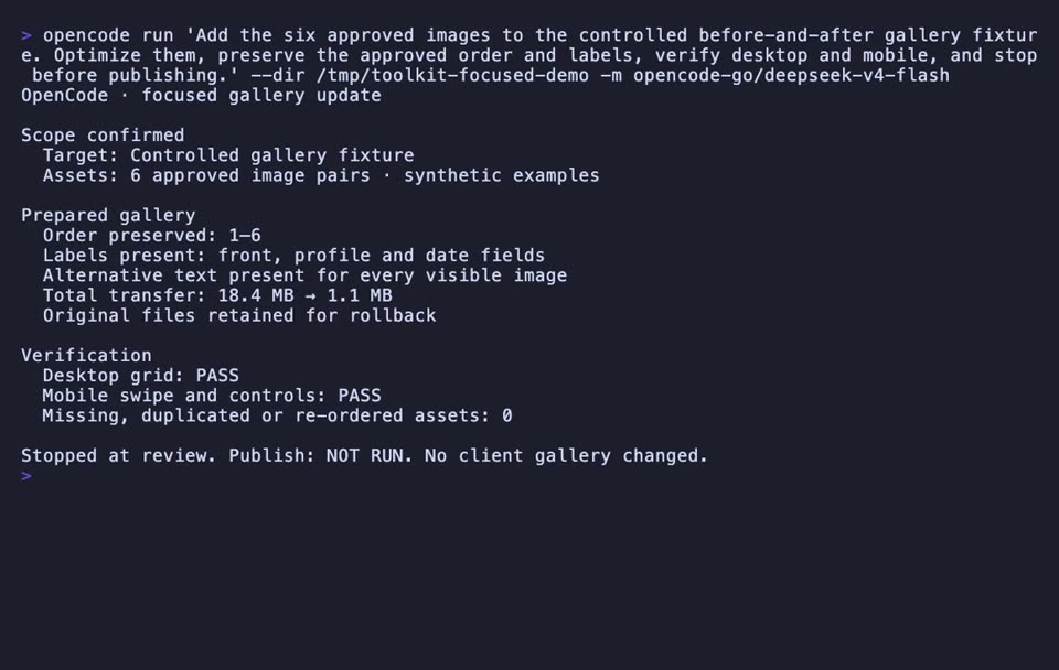 Watch OpenCode prepare a bounded gallery update with asset optimization, ordering, labels, responsive verification, and an explicit review boundary.