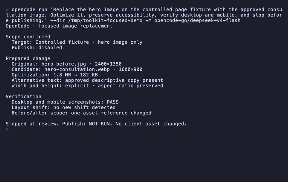 Watch OpenCode prepare and verify one image replacement on a controlled page fixture, including optimization, alternative text, responsive proof, and a publish stop.