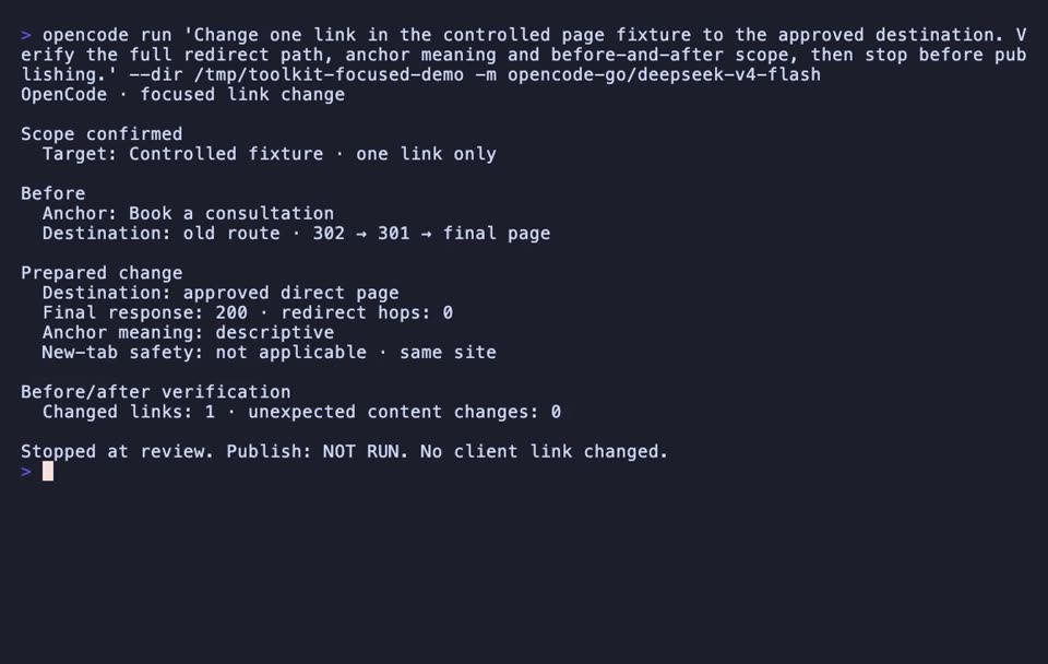 Watch OpenCode update one controlled link, replace a redirecting destination with the direct URL, verify accessible anchor text, and prove nothing else changed.