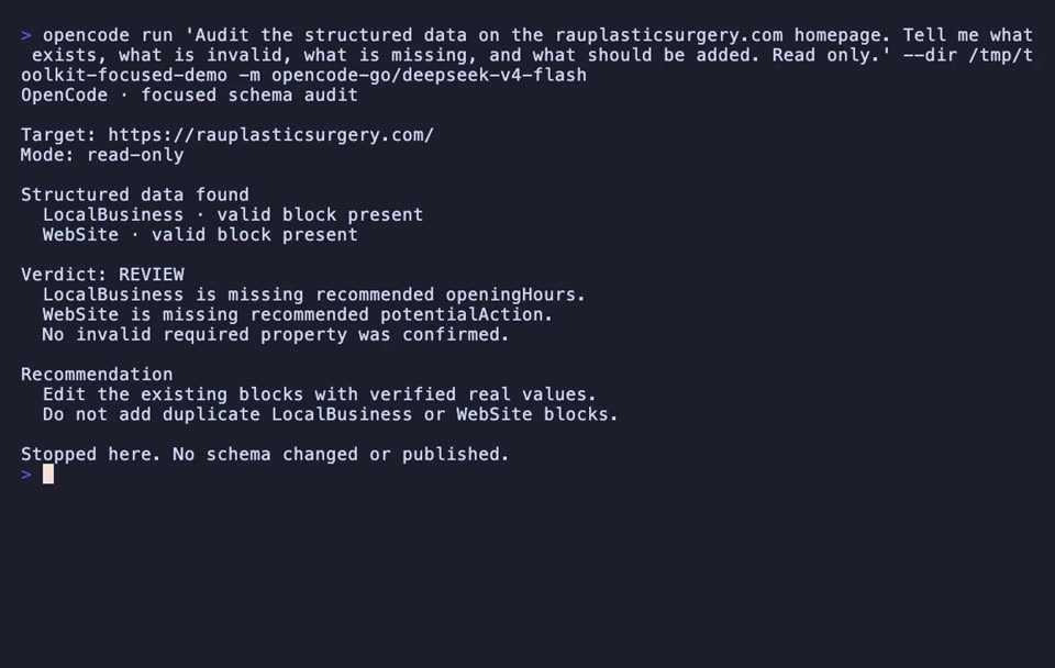 Watch OpenCode inspect one page’s JSON-LD, distinguish valid existing blocks from recommended additions, and avoid inventing a duplicate schema block.