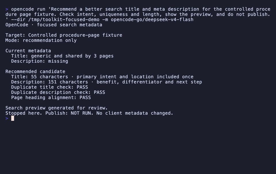 Watch OpenCode improve one page’s search title and description, check intent and duplication, and return a preview without publishing anything.