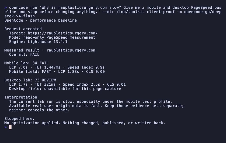 Watch OpenCode capture mobile and desktop PageSpeed results, keep field and lab evidence separate, and stop before optimization.